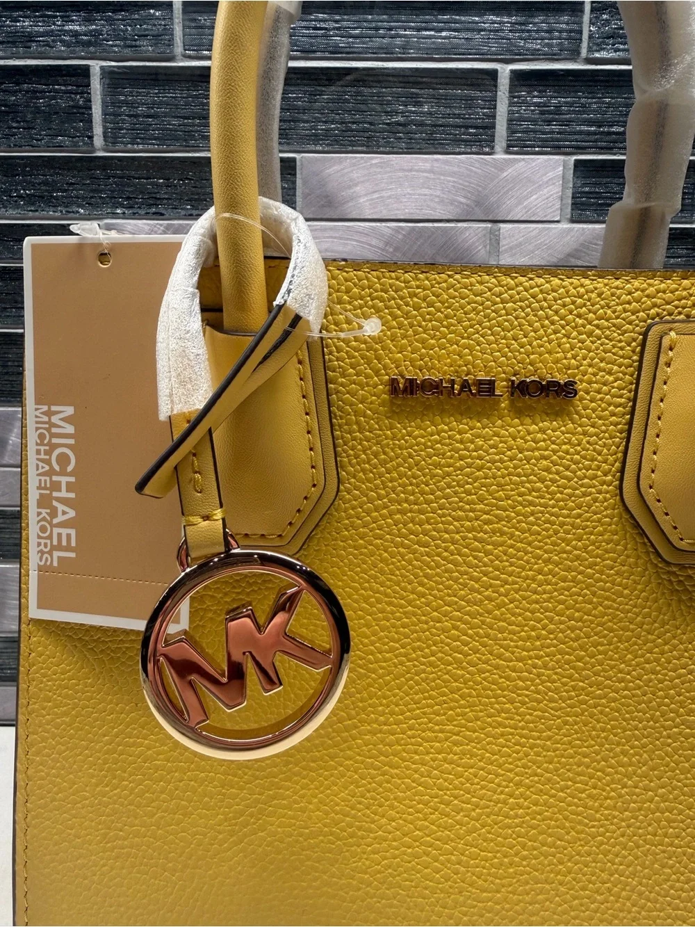 Michael Kors Mercer Medium Pebbled Leather Crossbody Bag in Daffodil Yellow